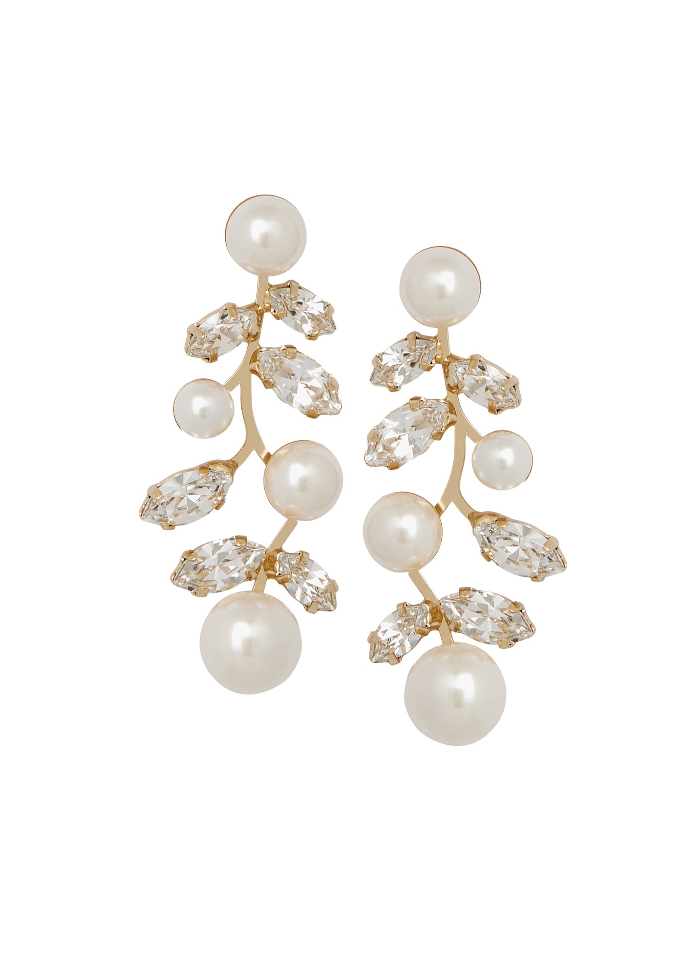 Swarovski Crystal and pearl gold drop earring on white back ground