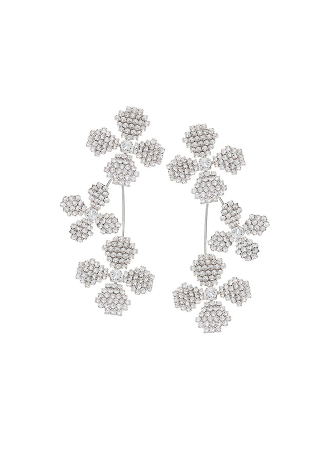 floral Swarovski crystal cascading earring in silver on white background