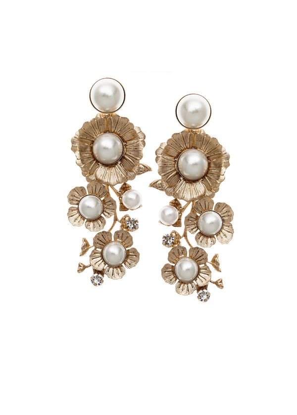 Cascading floral gold pearl earring on white background