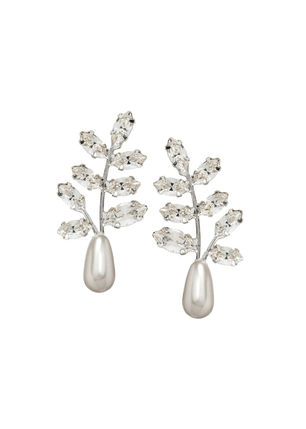 Floral Swarovski crystal stud earring with pearl accent on white background