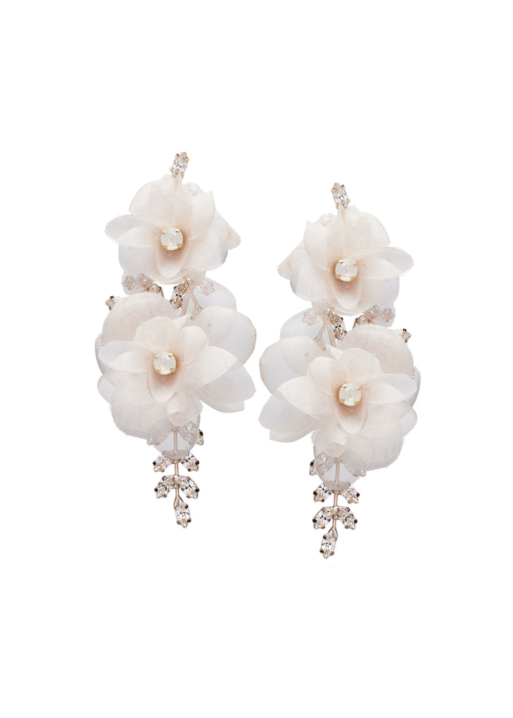 Blush silk floral statement earring with Swarovski crystals on white background