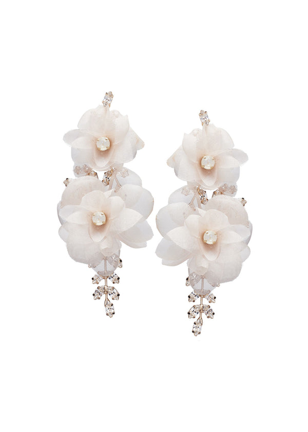 Blush silk floral statement earring with Swarovski crystals on white background