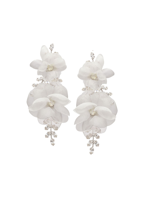 Ivory silk floral statement bridal earring with Swarovski crystals on white background