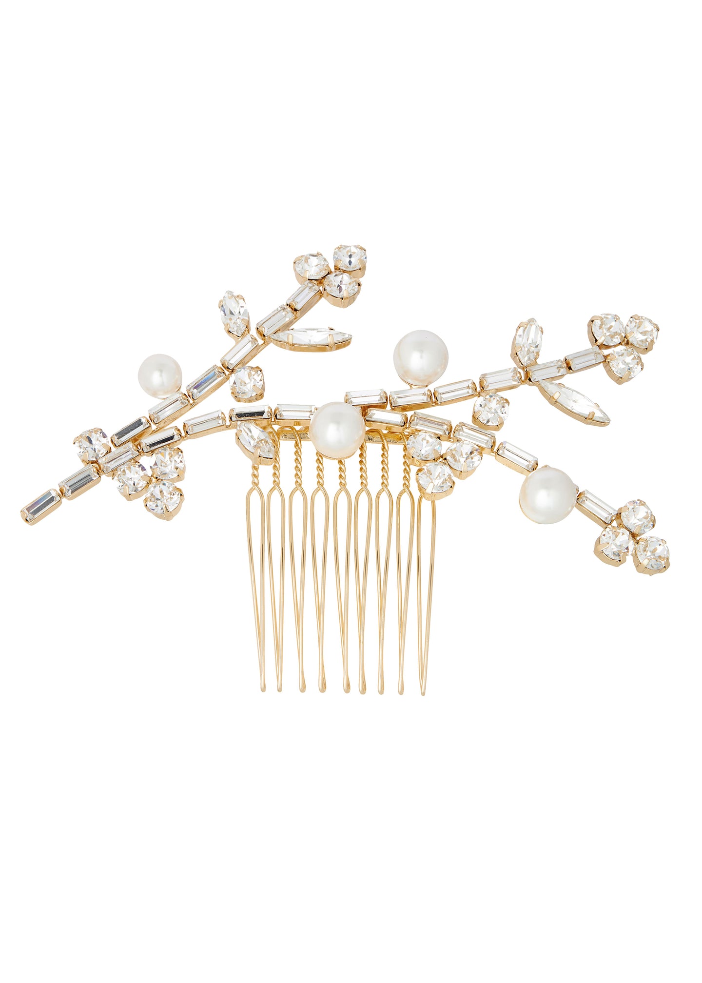 Crystal and pearl gold Bridal hairpiece in white background