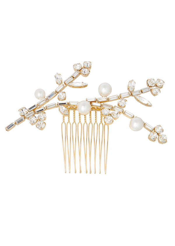 Crystal and pearl gold Bridal hairpiece in white background
