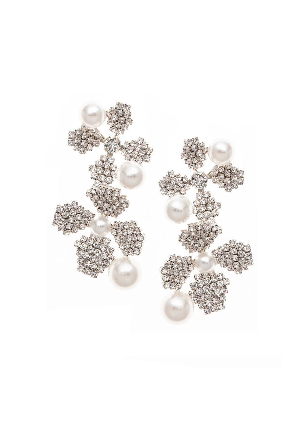 Silver crystal double floral bridal earring with pearl accents on white background