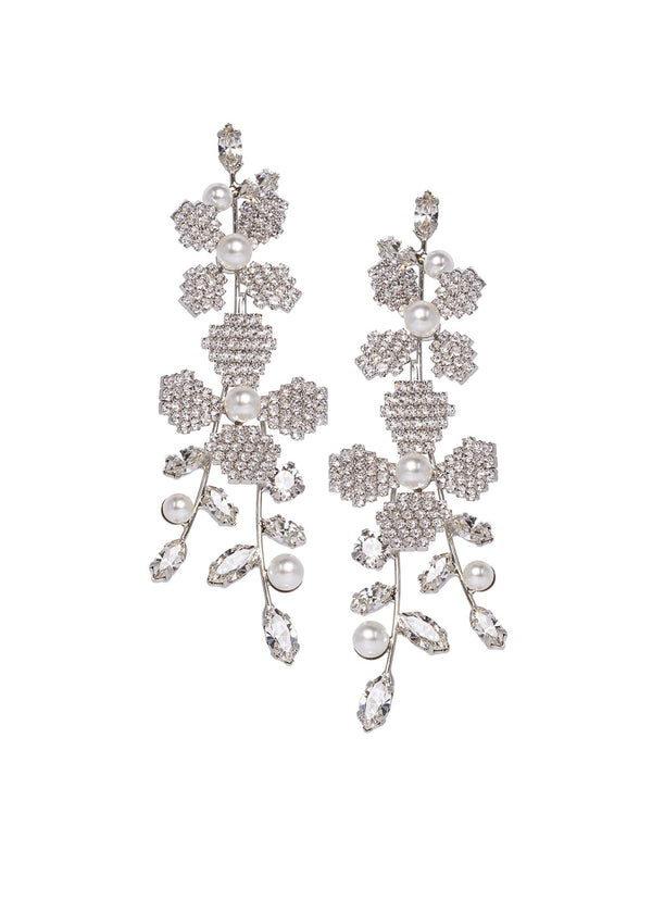 Cascading silver Swarovski floral and pearl chandelier on white background