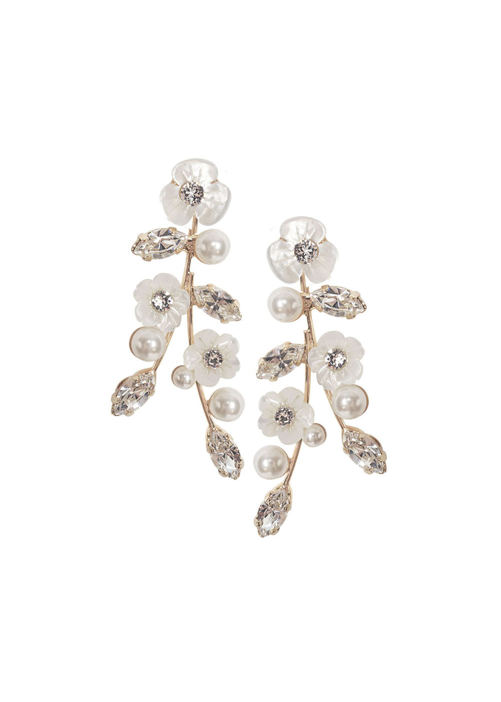 Mother of pearl and crystal mini statement stud gold earring in left right design in white background