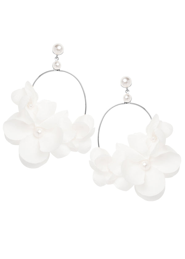 Ivory Silk floral hoop earring with pearl accents on white background