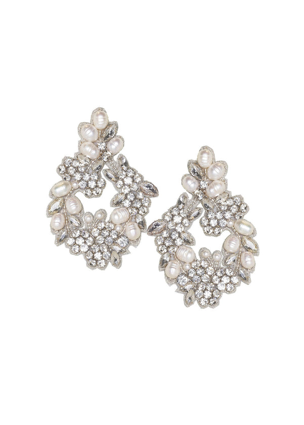 Floral Embroidered pearl and crystal earring on white background
