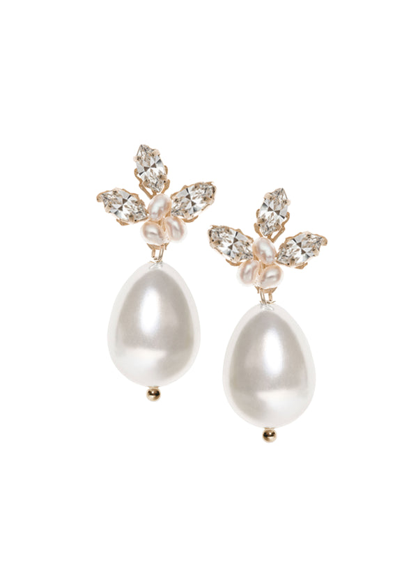 A pair of pearl leaf top and floral base drop earrings, adorned with facetted crystals and hand-sewn freshwater pearls.