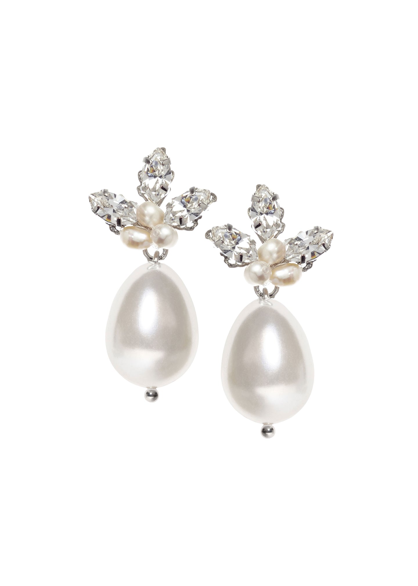A pair of silver pearl leaf top and floral base drop earrings, adorned with facetted crystals and hand-sewn freshwater pearls.