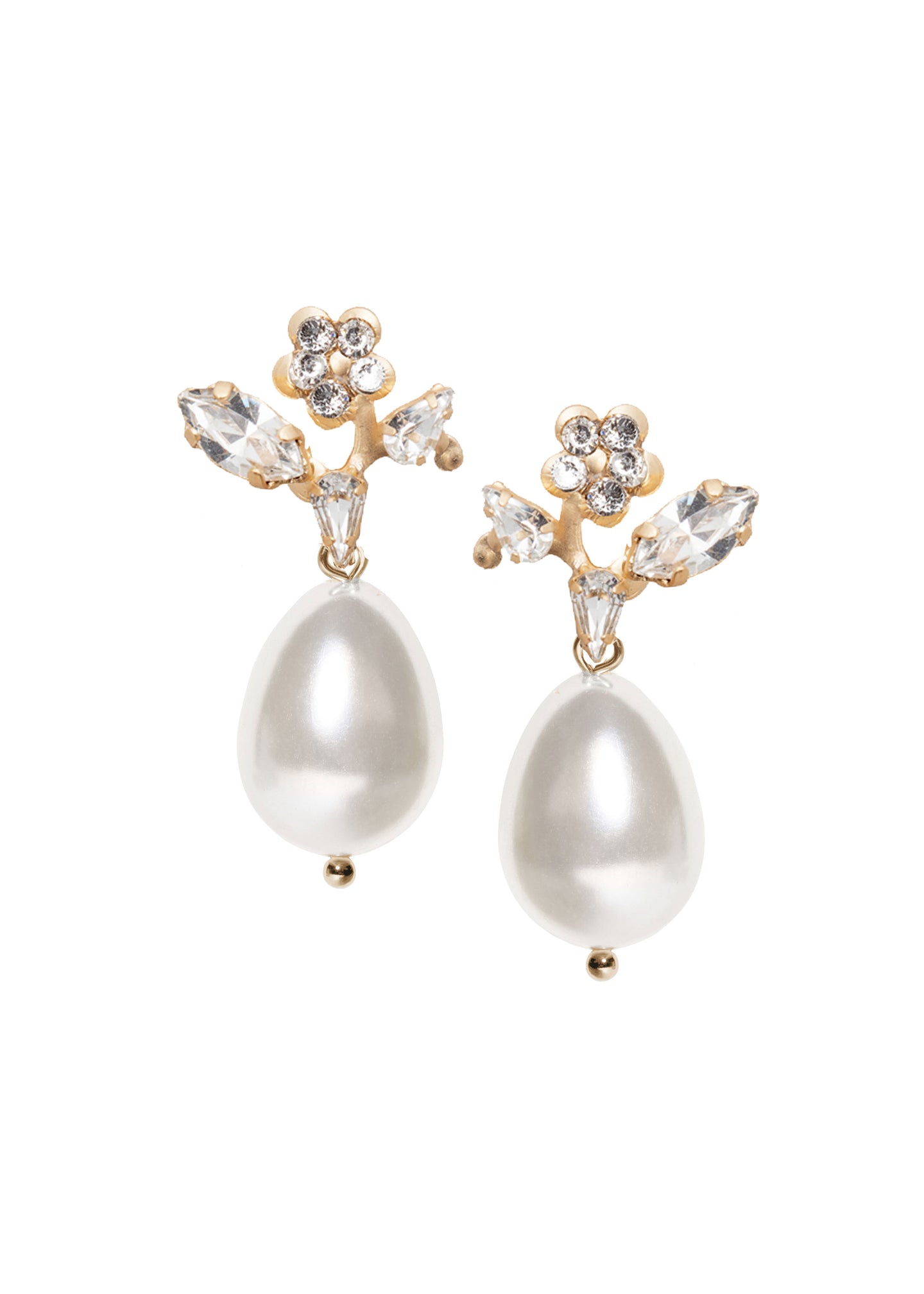 A pair of pearl earrings with crystal floral accents and a teardrop pearl design, in a matte gold plate finish.
