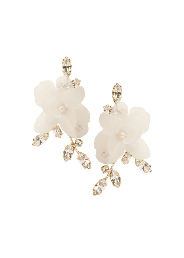 Gold silk flower and Swarovski crystal stud earring in a left right design (white backgorund)