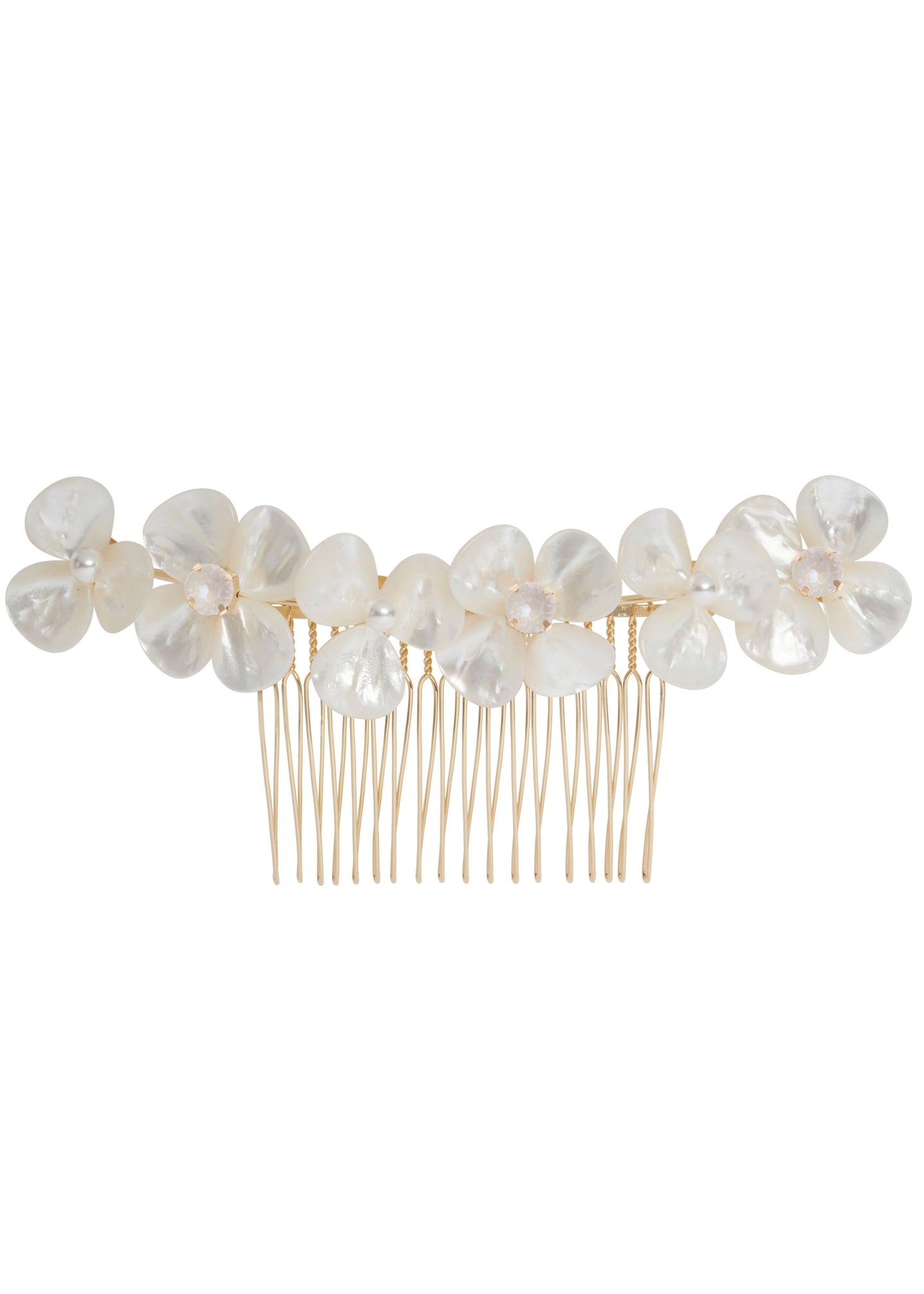 A gold floral wedding hair comb made from mother of pearl flowers and crystals