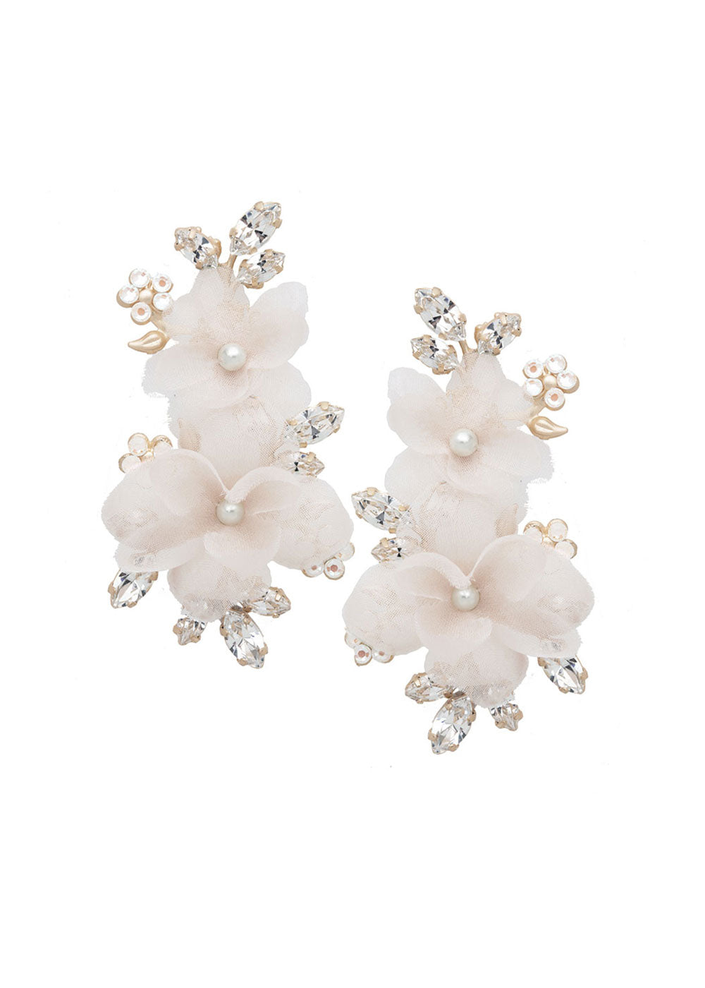blush floral chandelier earring made with silk flower, crystals and pearls