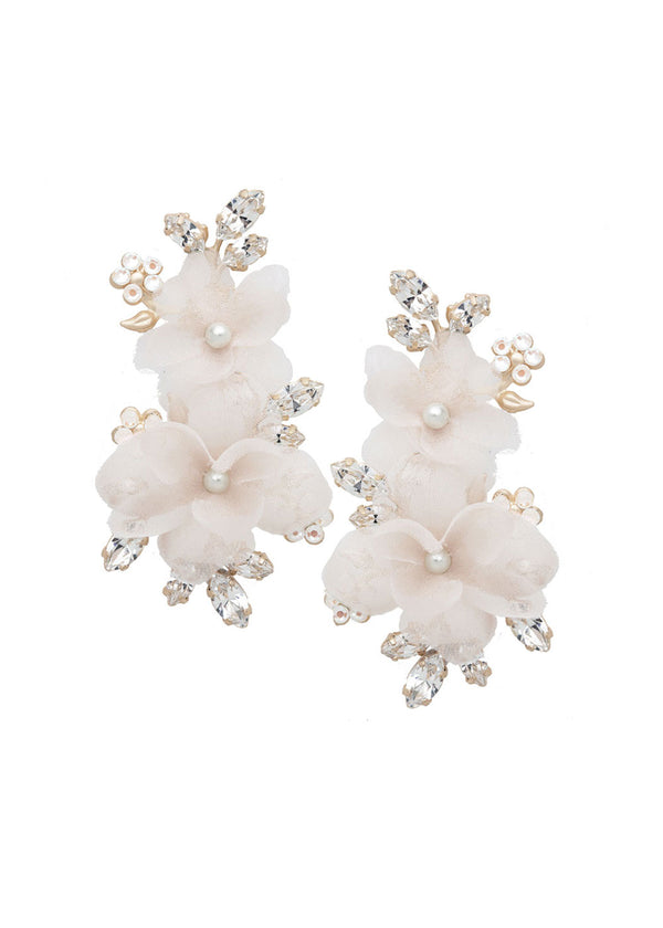 blush floral chandelier earring made with silk flower, crystals and pearls