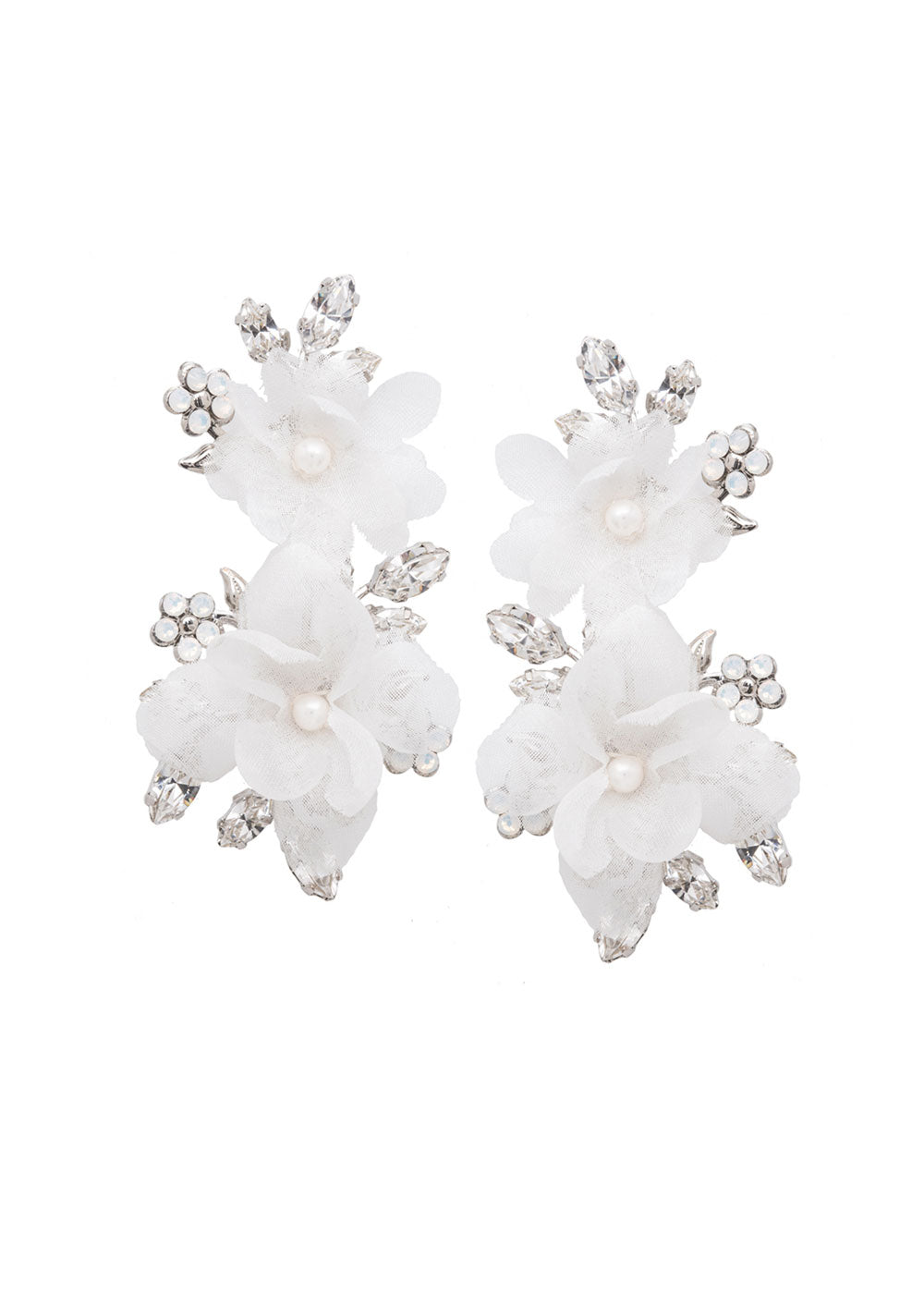 ivory floral bridal chandelier earring made with silk flower, crystals and pearls