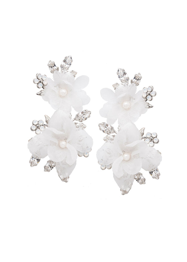 ivory floral bridal chandelier earring made with silk flower, crystals and pearls