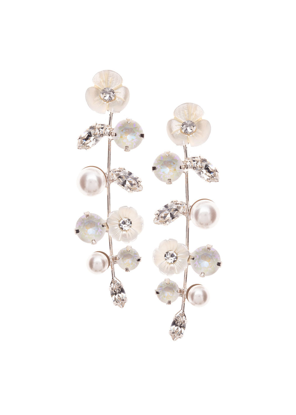 A pair of drop earrings featuring a floral design with pearls and crystal stones in rhodium or gold finish.
