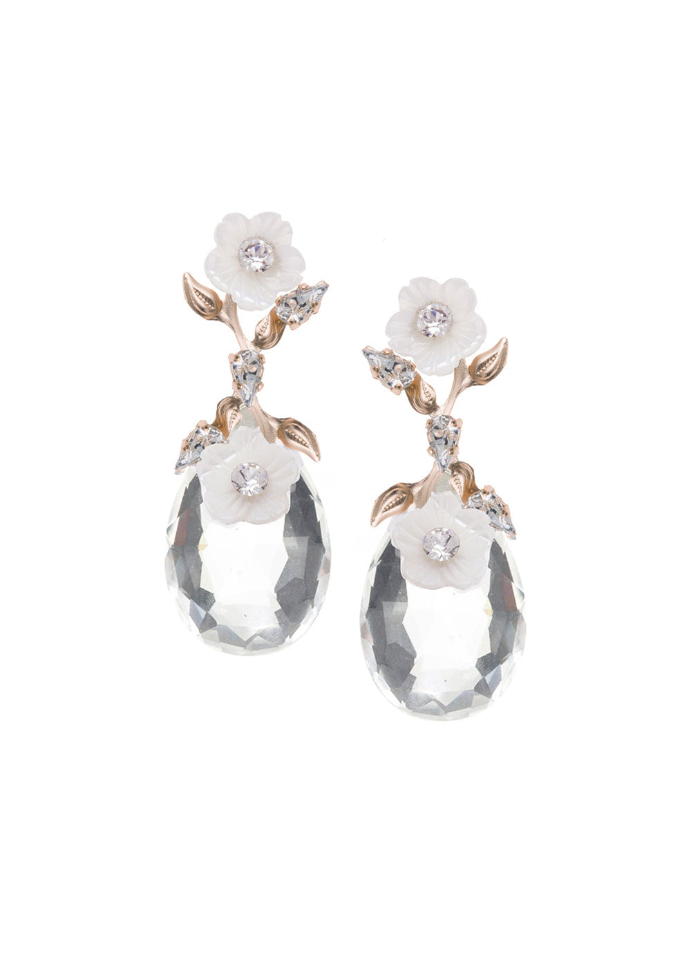 A pair of elegant glass tear drop earrings with hand carved mother of pearl flowers and crystal accents, in rhodium and matte gold plate finish.