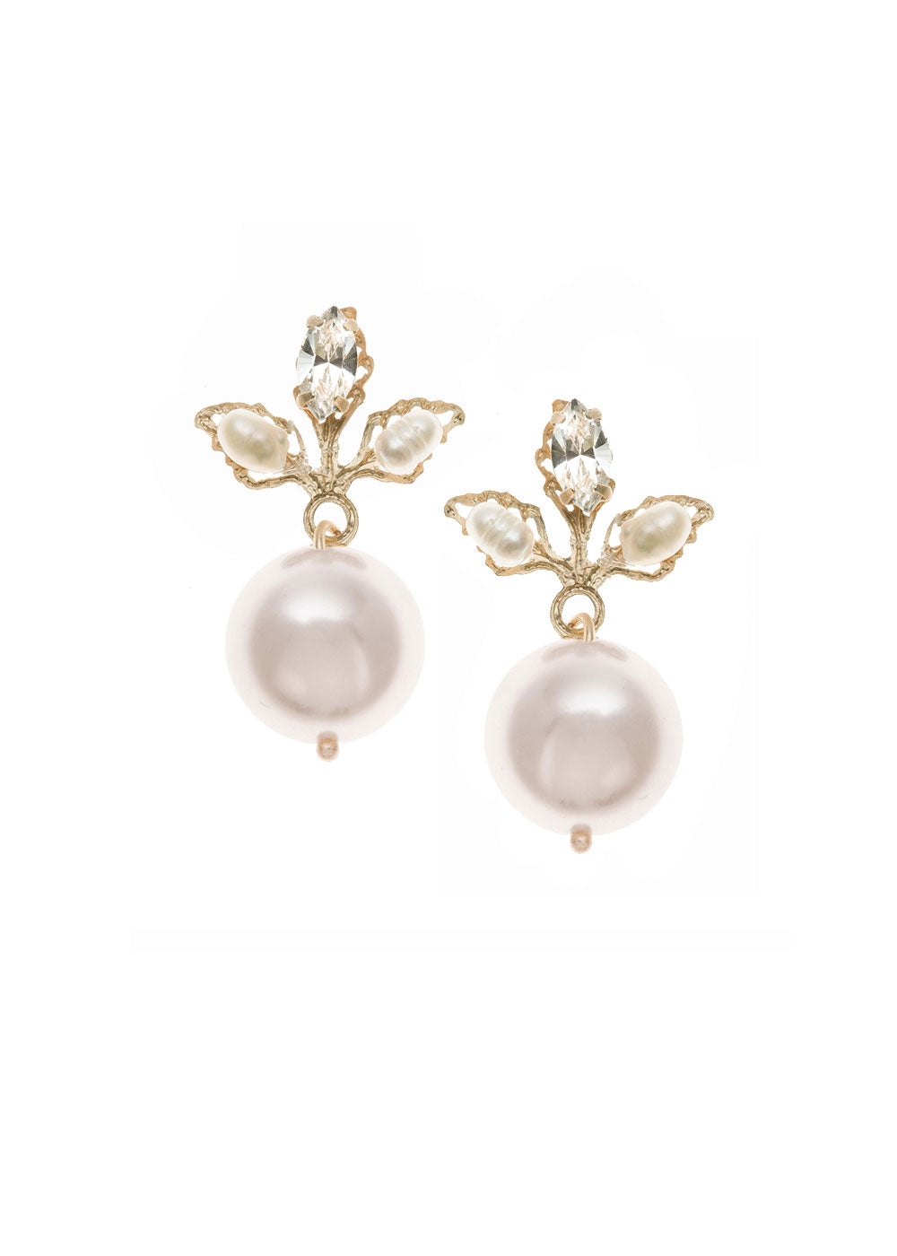 A pair of matte gold and freshwater pearl drop earrings on white background