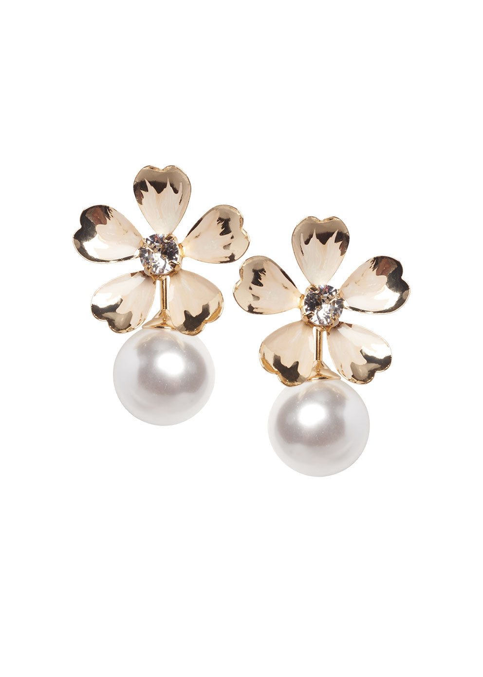 A pair of gold-colored floral earrings with oversized pearl accents