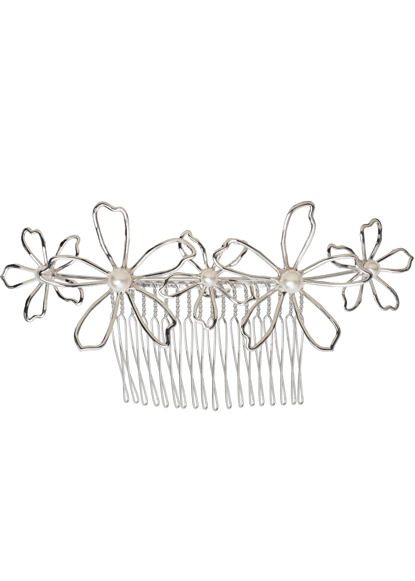 A silver open flower wedding hair accessory laid flat on a white background