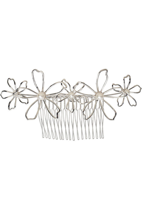 A silver open flower wedding hair accessory laid flat on a white background