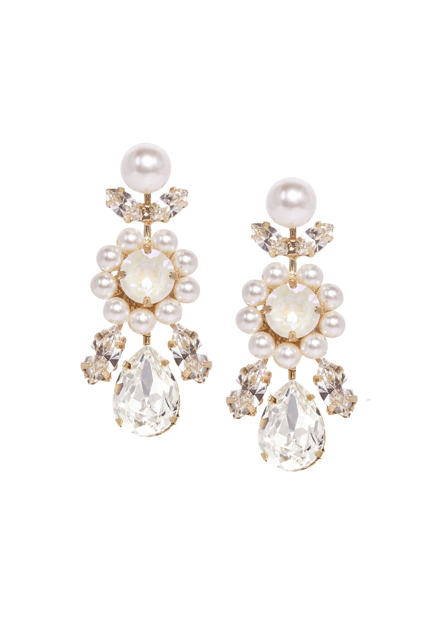 A pair of elegant drop-style earrings featuring pearls and sparkling crystals, with a a gold plate finish.