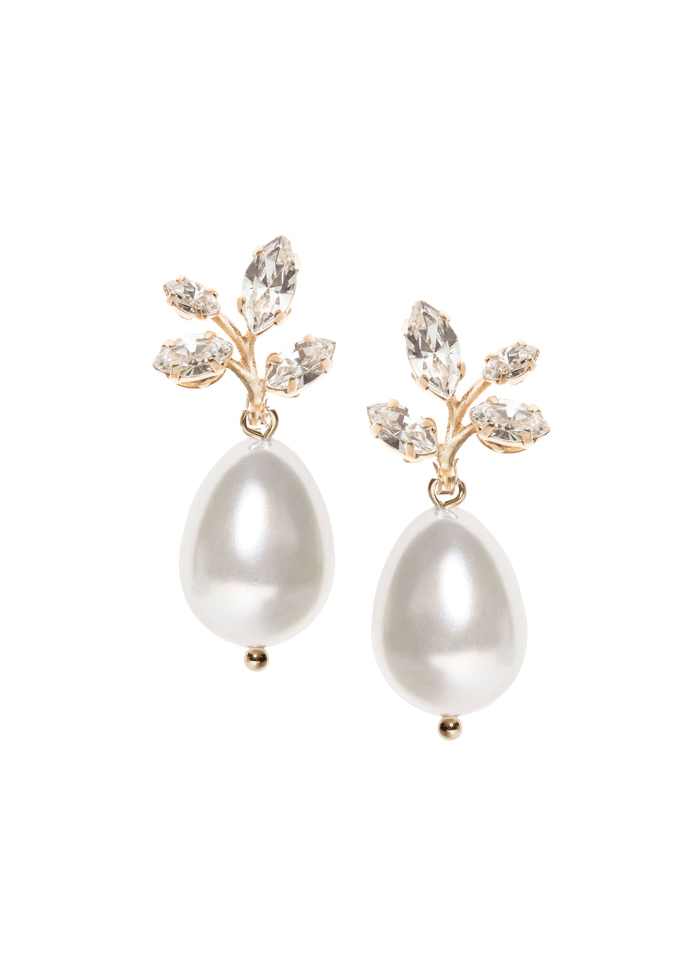A pair of matte gold crystal floral pearl drop earrings on a white background
