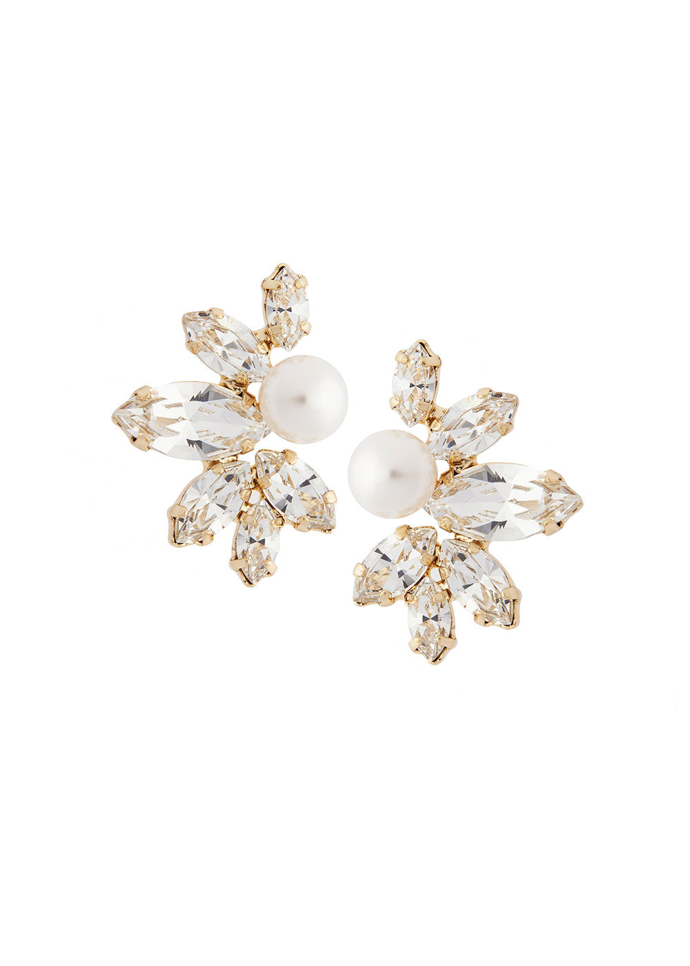 Swarovski crystal and pearl starburst stud earring on white background