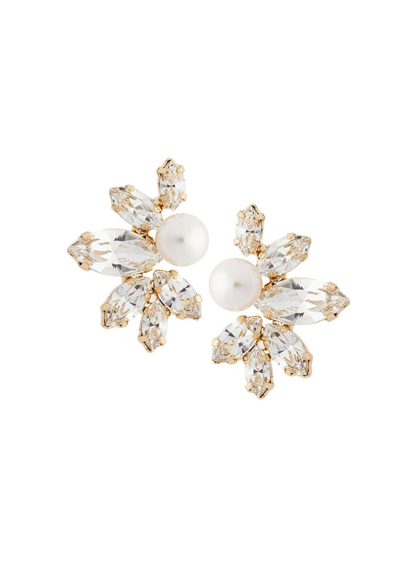 Swarovski crystal and pearl starburst stud earring on white background