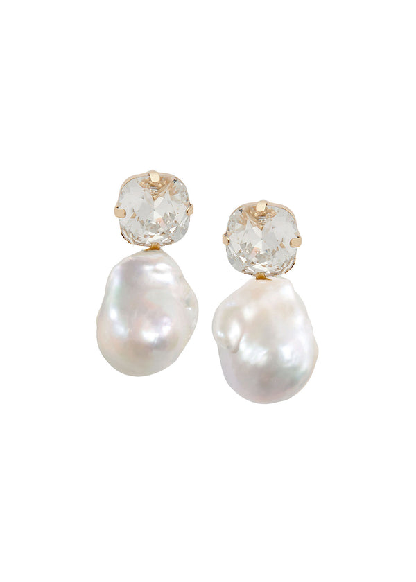 A pair of gold crystal and baroque pearl stud earrings on a white background.