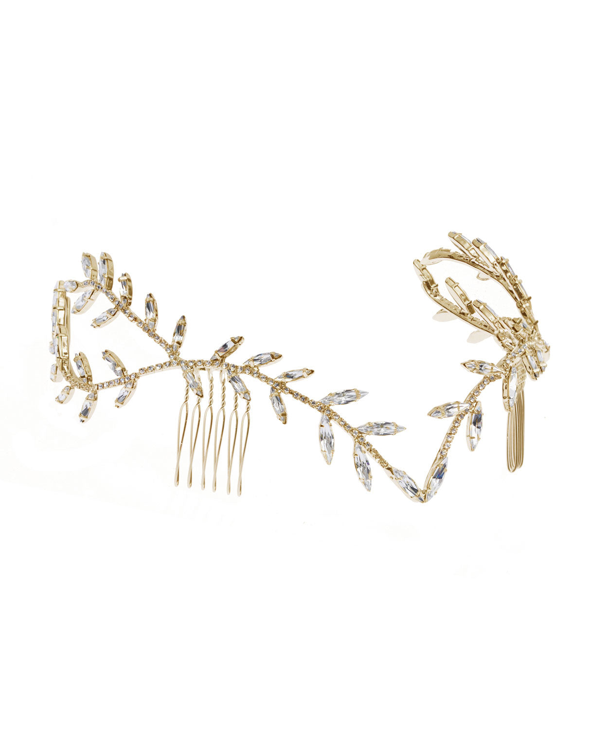 A gold-colored hair comb adorned with facetted crystals, designed to wrap around the hair for a decorative look.