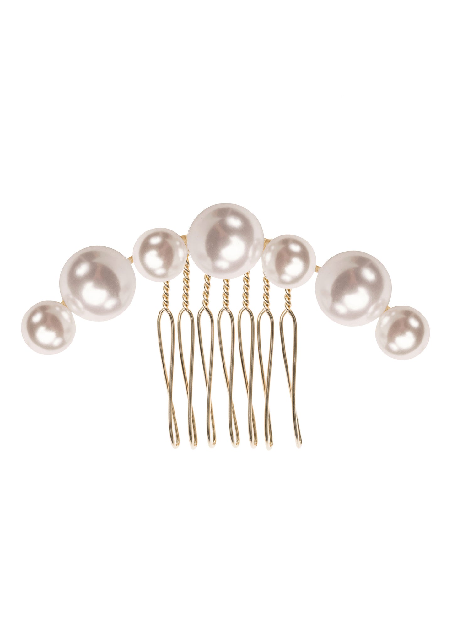 A pearl hair comb with a series of oversized pearls attached to a gold wire comb base.