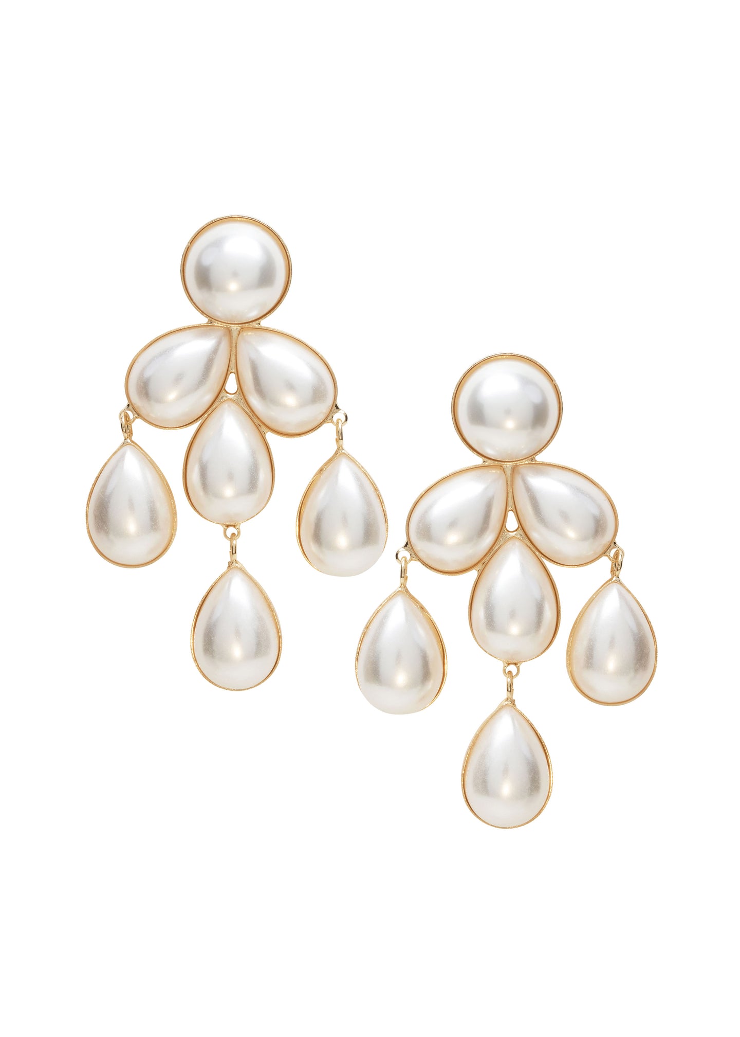 A pair of chandelier earrings with pearl droplets in a gold plate finish.