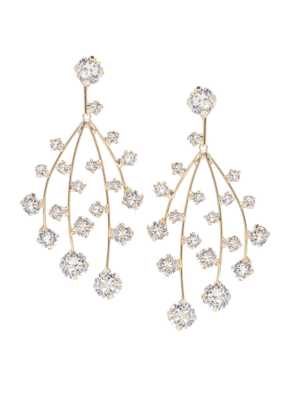 a pair of golden crystal cascading statement earrings on a white background.
