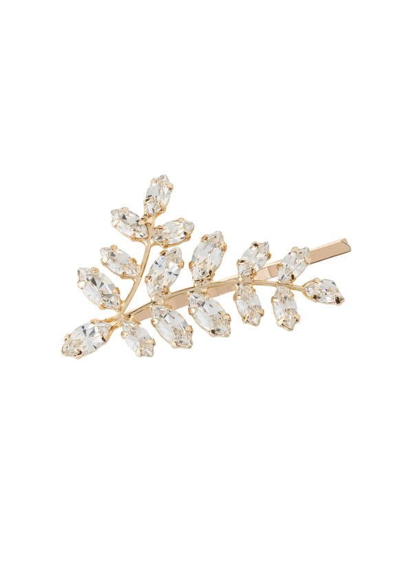 Crystal leaf gold hairpin on a white background