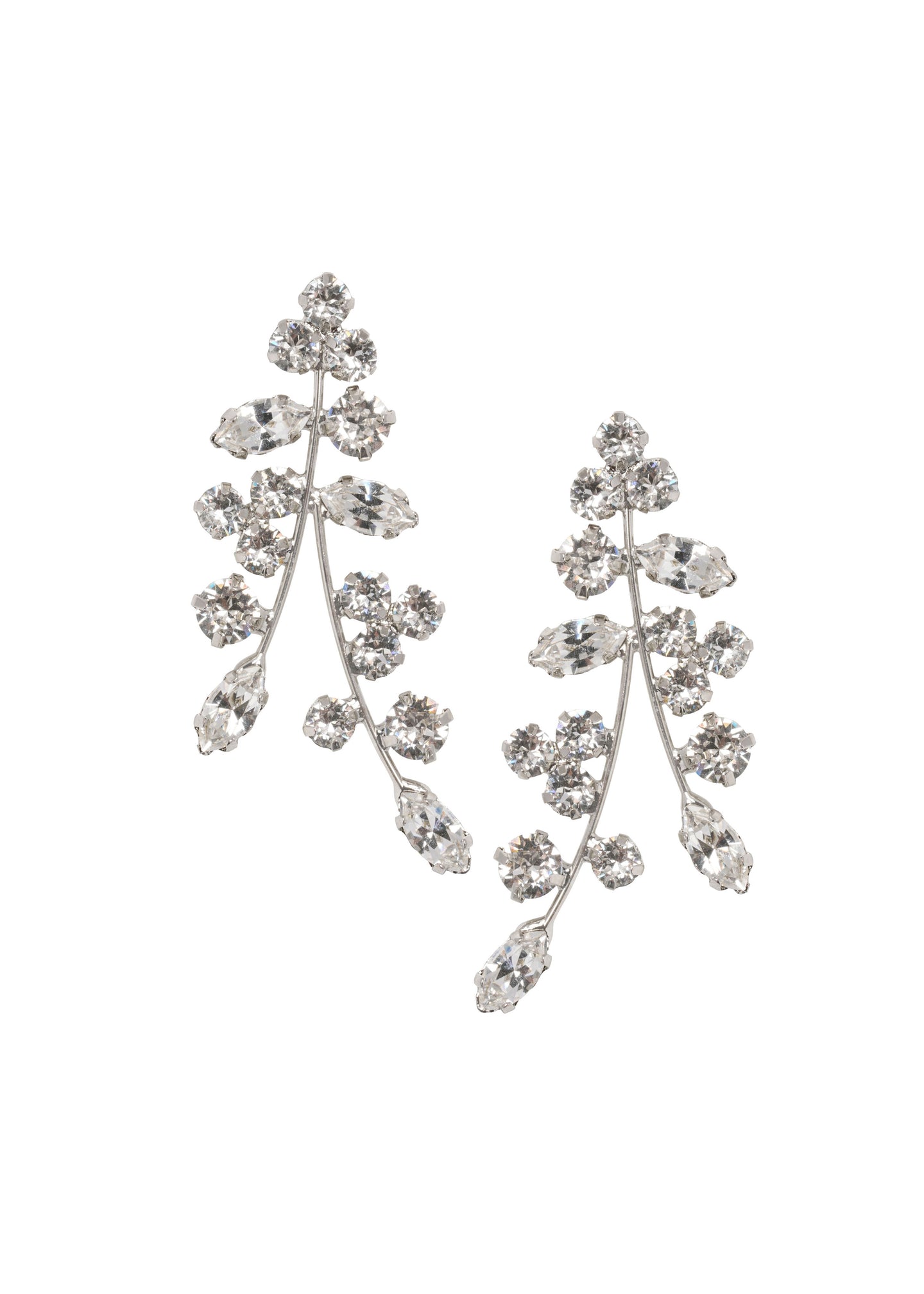 Scattered Swarovski crystal silver statement earring left right design  on white background