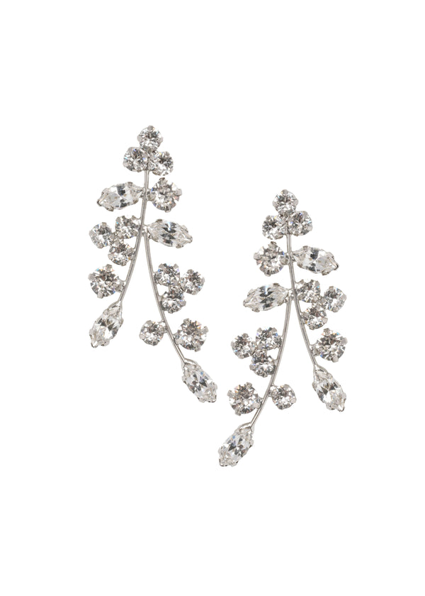 Scattered Swarovski crystal silver statement earring left right design  on white background