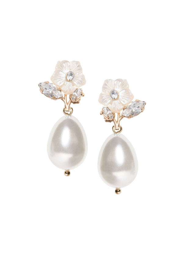 A pair fof mother of pearl accents pearl drop earrings in a matte gold finish on a white background.