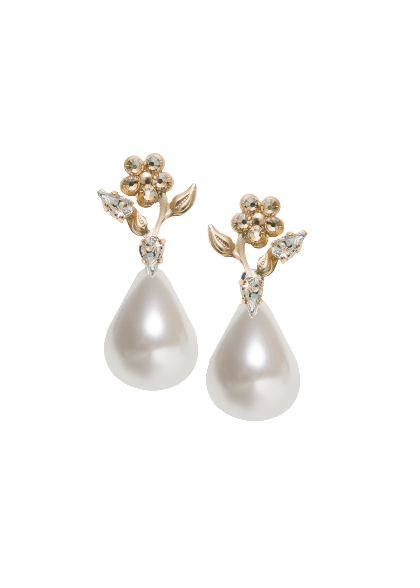 A pair of pearl teardrop earrings with a floral metal top, adorned with European crystals.