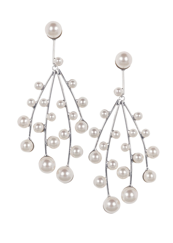 A pair of chandelier earrings with European pearl accents, featuring a fan-like shape with a rhodium plate finish.