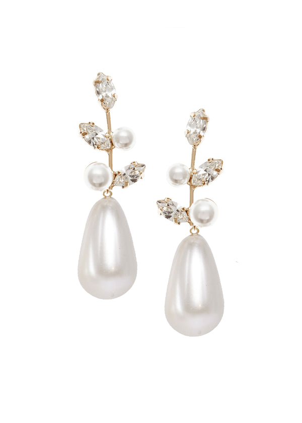 A crystal and pearl topped pearl drop earring on a flat white background