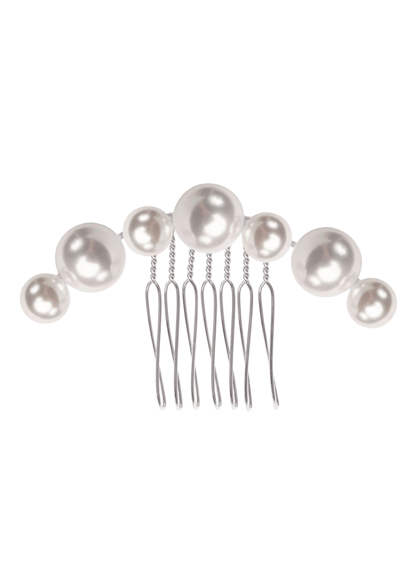 A silver pearl hair comb with a series of oversized pearls attached to a wire comb base.