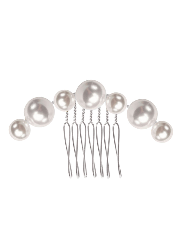 A silver pearl hair comb with a series of oversized pearls attached to a wire comb base.