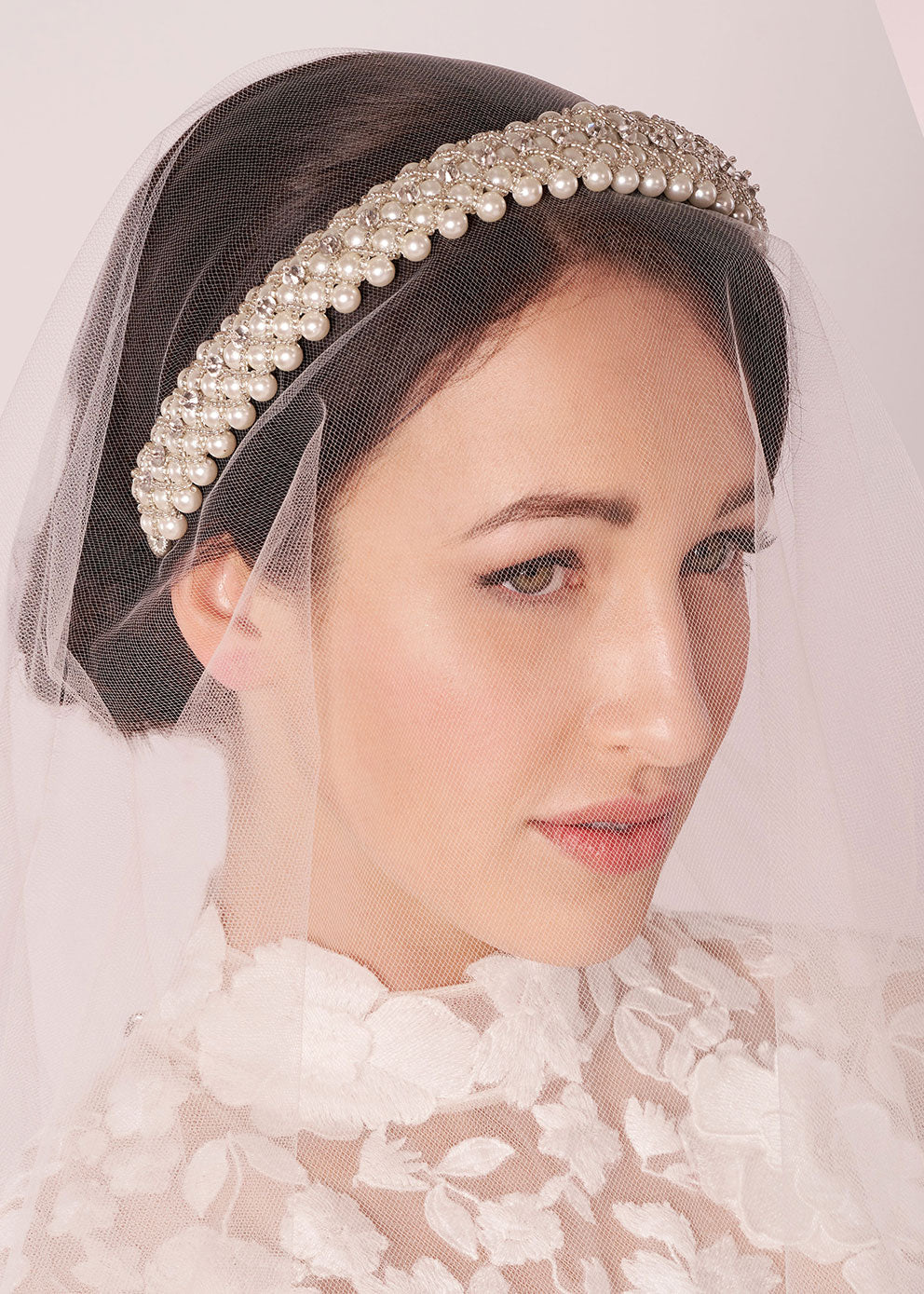 woven pearl headband on model with veil and lace dress (portrait)