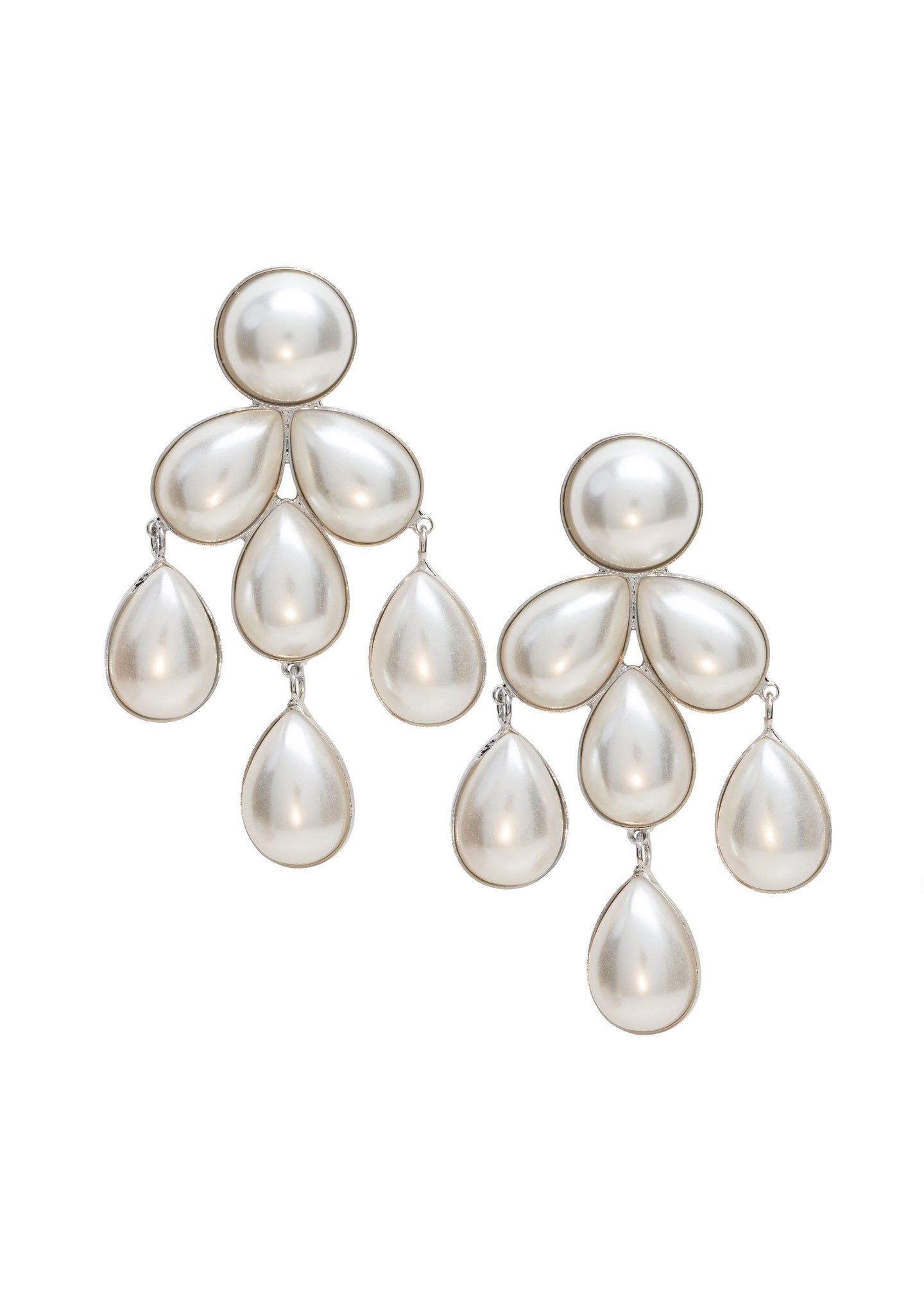 A pair of chandelier earrings with pearl droplets a rhodium plate finish.