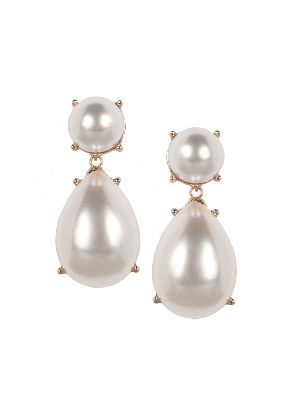 A pair of sleep Gold Pearl teardrop earrings on a howte background